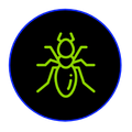 a green ant icon in a blue circle on a black background .