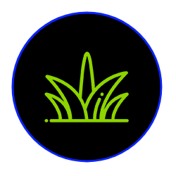 a green grass icon in a blue circle on a black background .