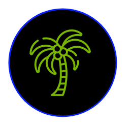 a green palm tree in a blue circle on a black background .
