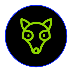 a green icon of a wolf 's head in a blue circle .