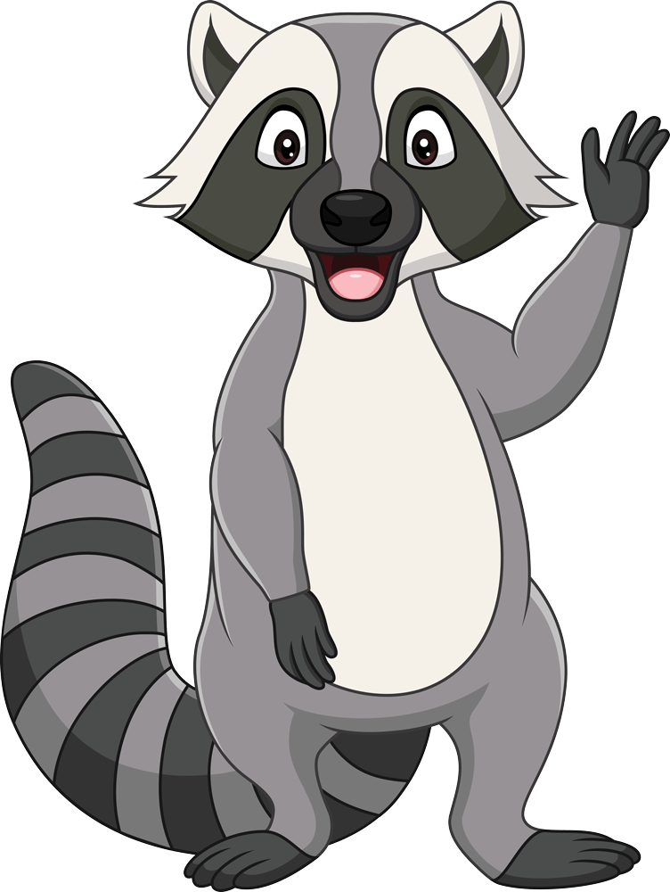 a cartoon raccoon is waving its hand and smiling .
