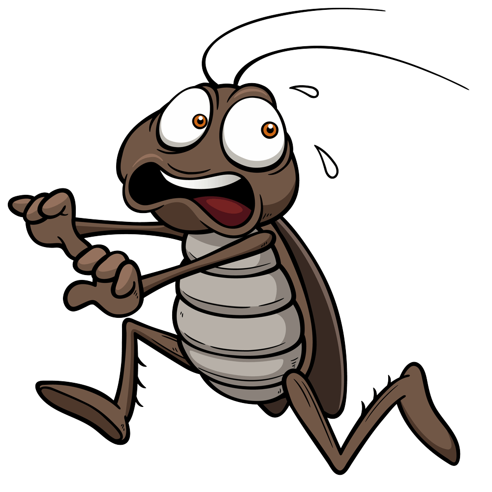 a cartoon cockroach is running away from something .
