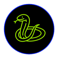 a green snake is in a blue circle on a black background .