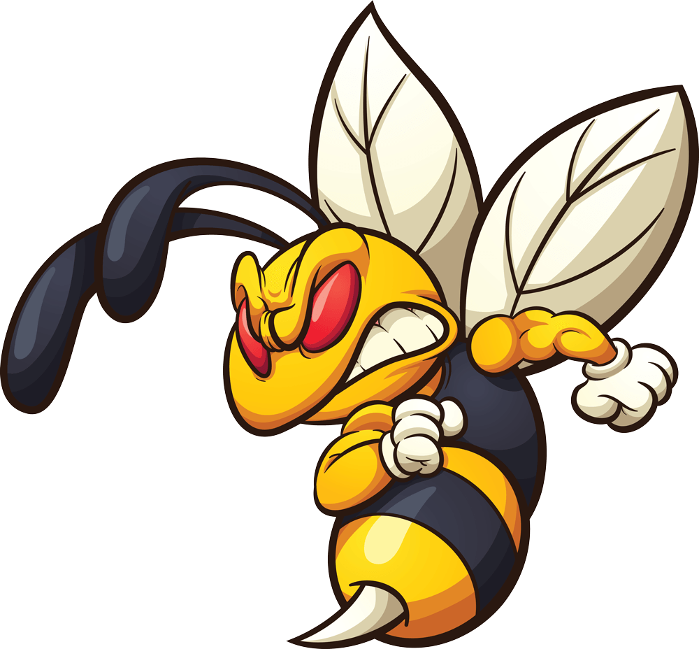 a cartoon illustration of an angry bee with red eyes .