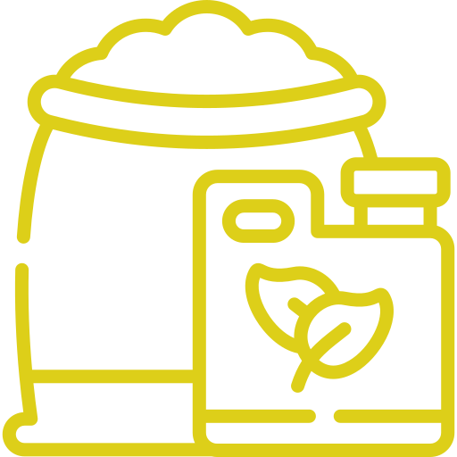 a yellow line icon of a bag of fertilizer and a bottle of fertilizer .
