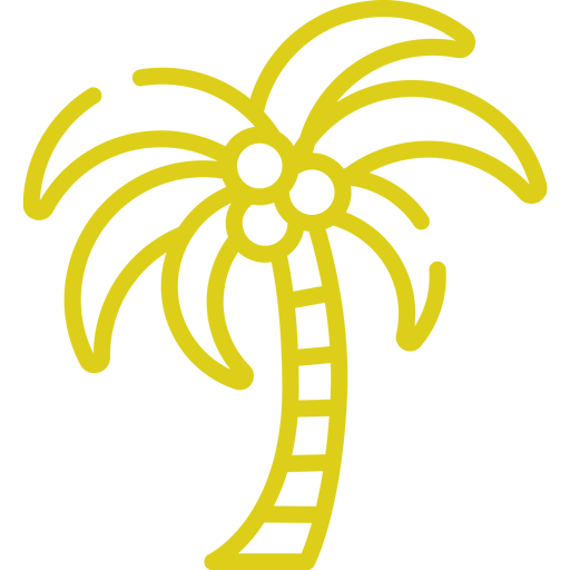 a yellow line drawing of a palm tree with coconuts on it .