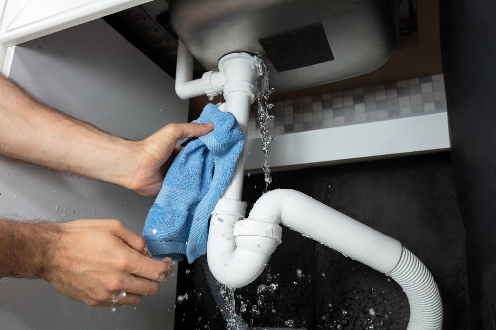 A person is cleaning a sink pipe with a towel.