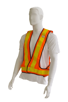 A mannequin wearing an orange and yellow safety vest