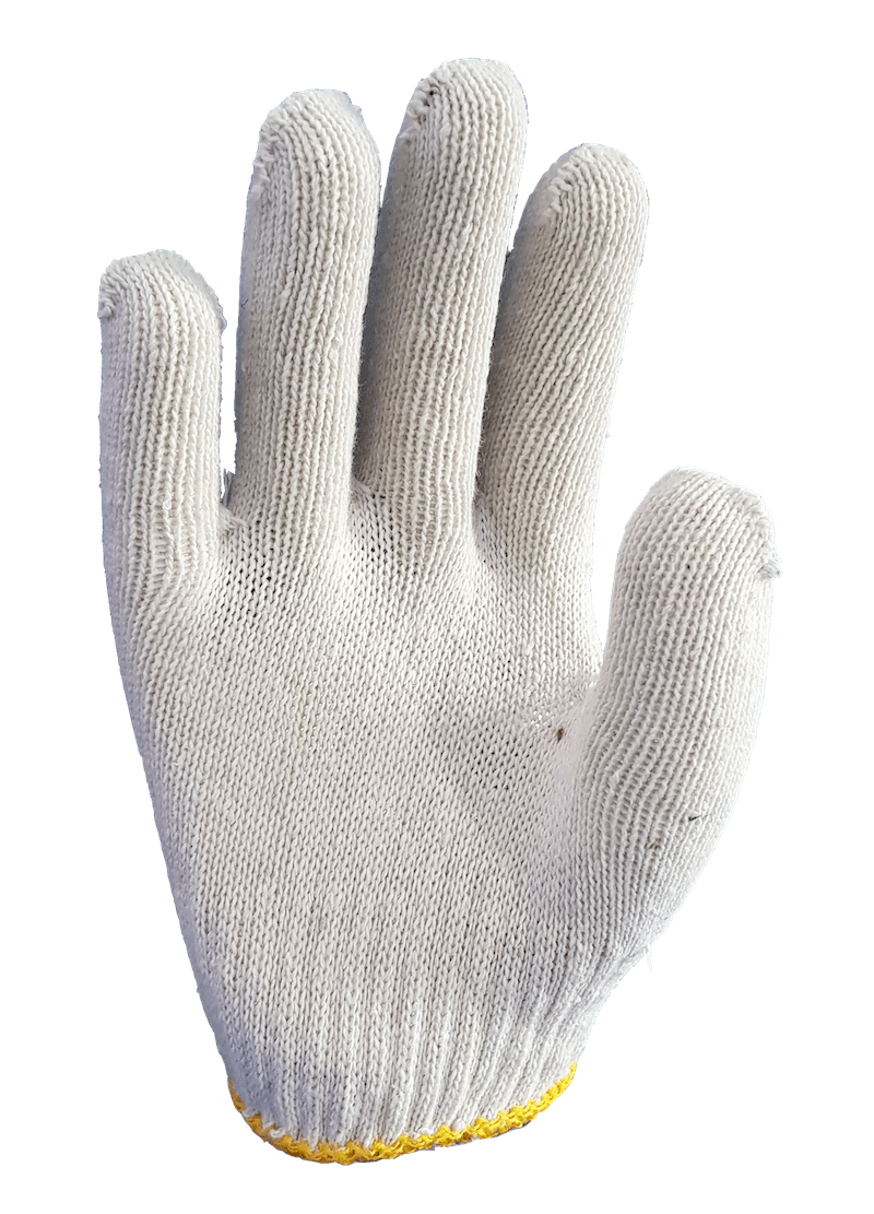 A white knitted glove with a yellow stripe on the bottom on a white background.
