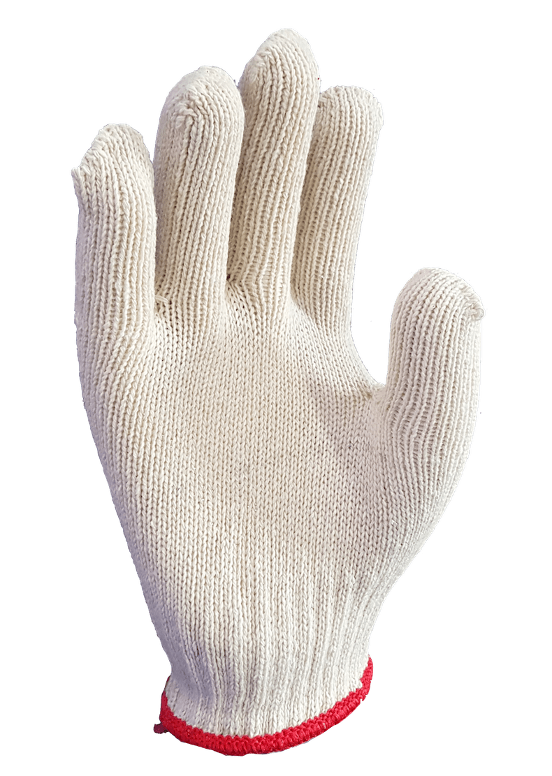 A white knitted glove with a red cuff on a white background.