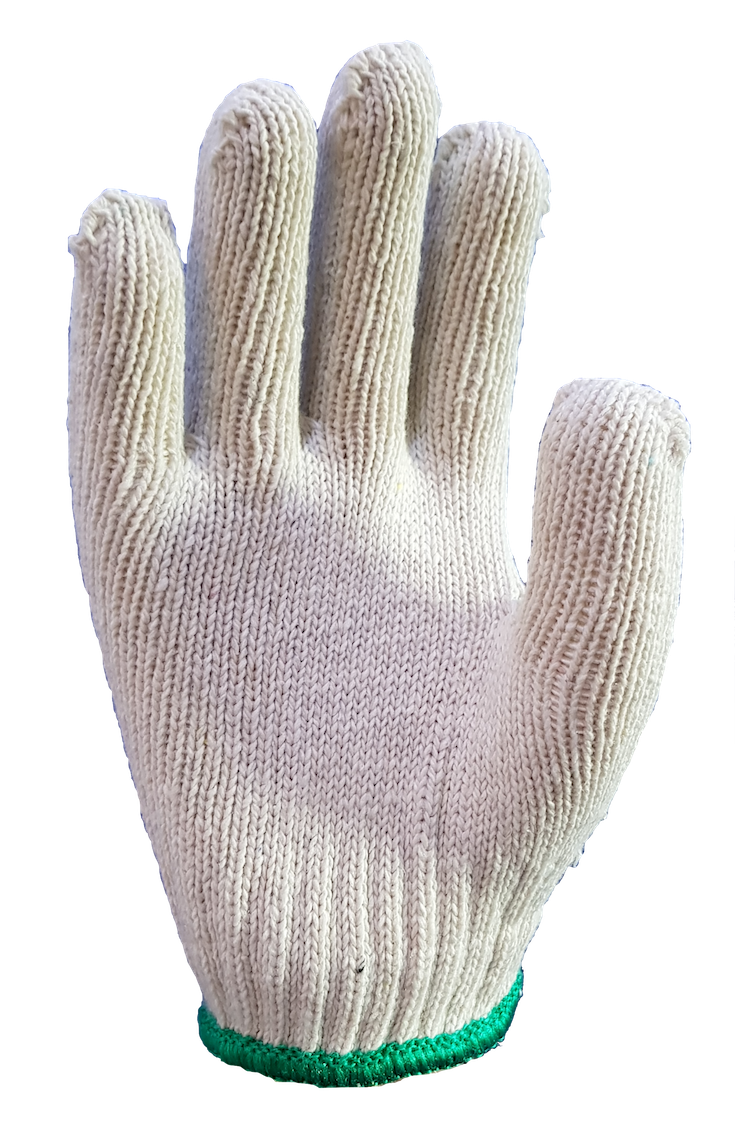 A white knitted glove with a green rubber band on a white background.