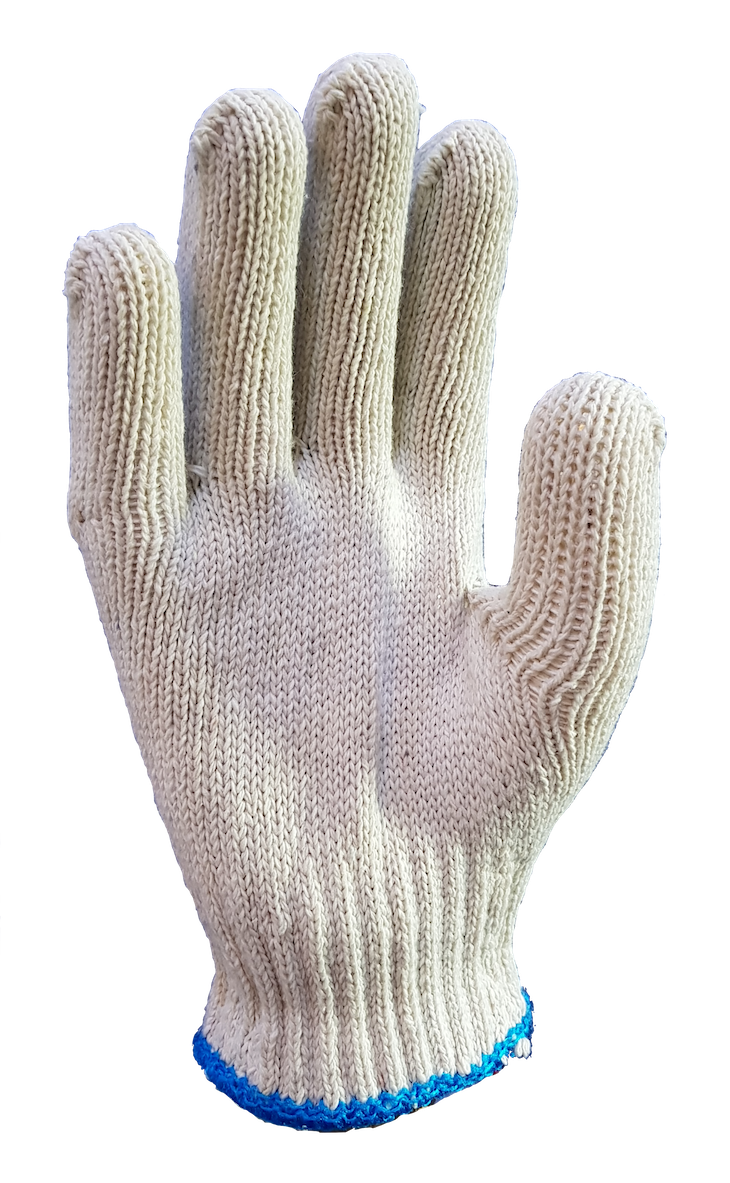 A pair of white knitted gloves with a blue rubber band on a white background.
