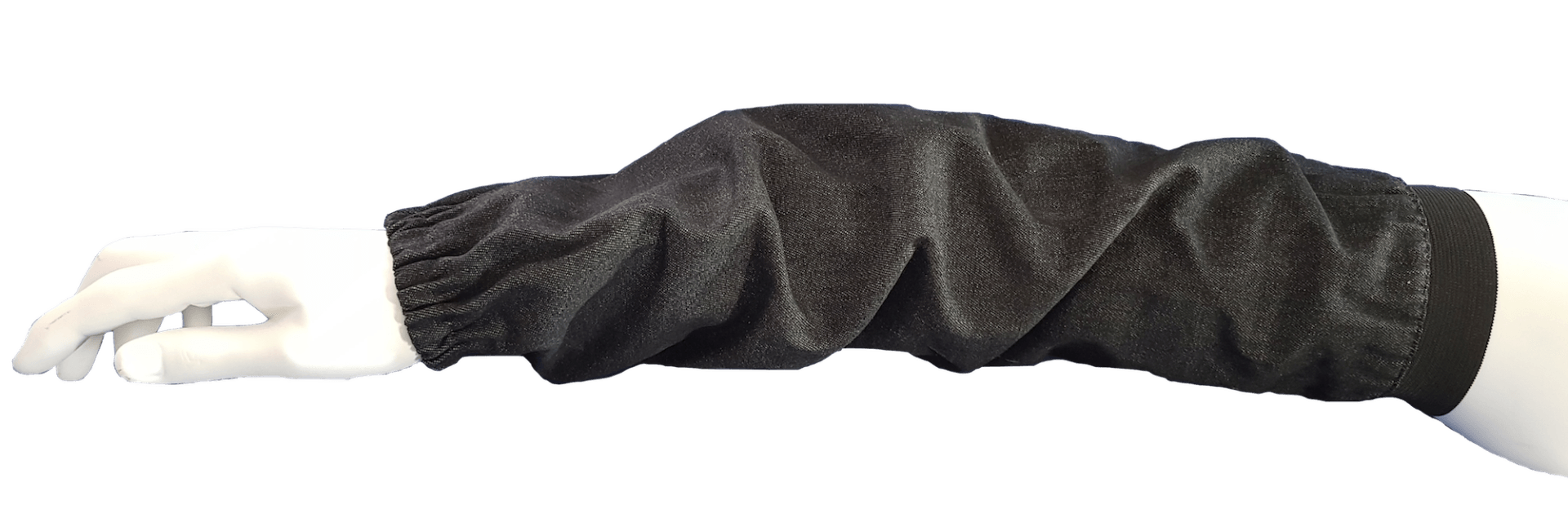 A person wearing a pair of black sleeve covers on their arm.