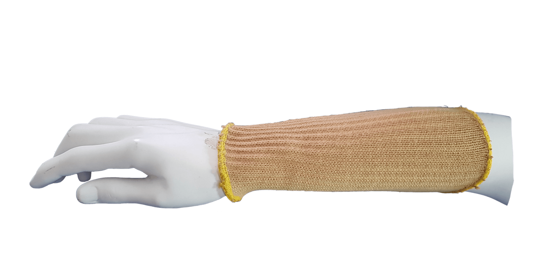 A mannequin arm with a knitted sleeve on it.