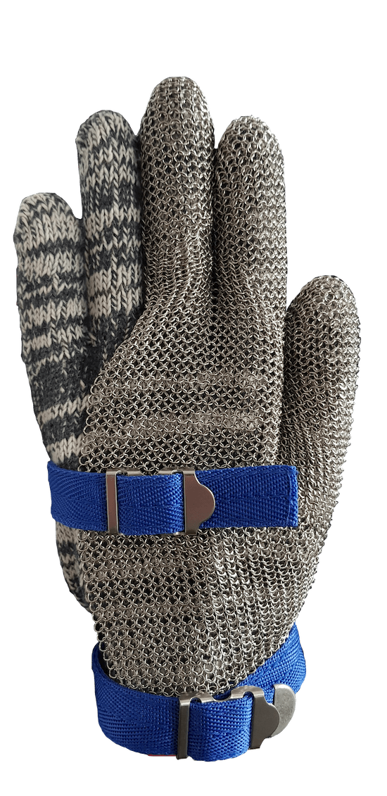 A close up of a glove with a blue strap on a white background.