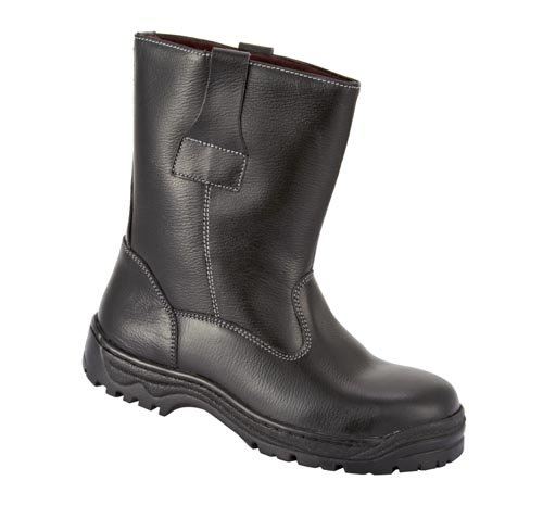 A pair of black safety boots on a white background