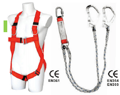 A mannequin is wearing a red safety harness and rope.