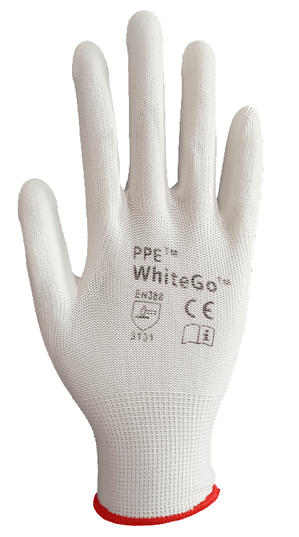 A pair of white gloves with a red cuff on a white background.