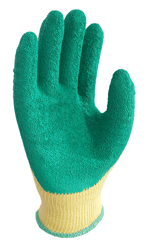 A pair of green and yellow gloves on a white background