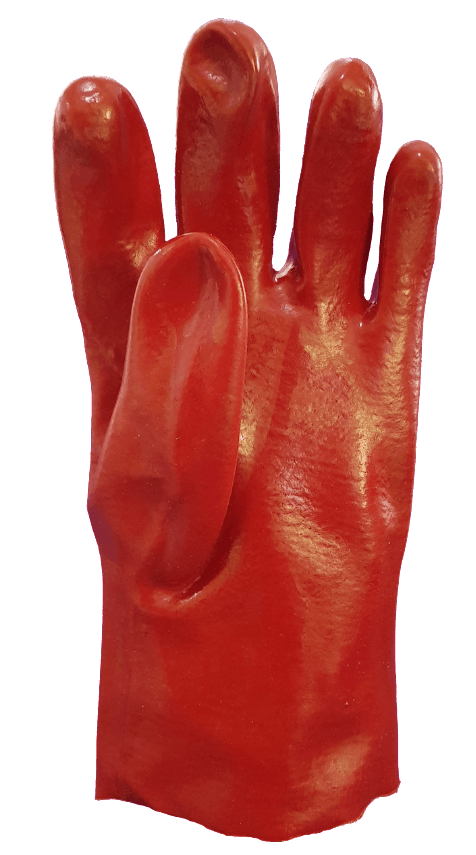 A close up of a red glove on a white background