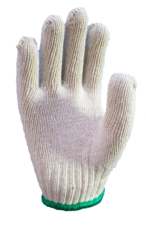 A white knitted glove with a green rubber band on a white background.