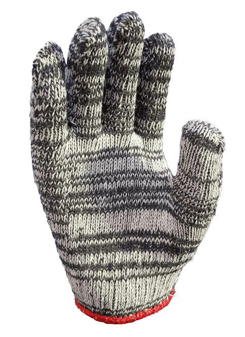 A close up of a knitted glove on a white background.