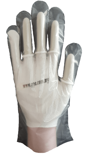 A person is wearing a pair of white gloves.