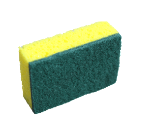 A yellow and green sponge on a white background