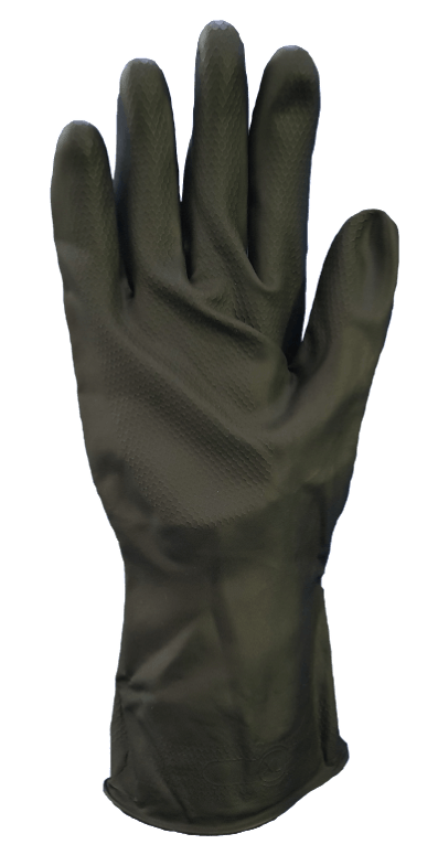 A pair of black rubber gloves on a white background.