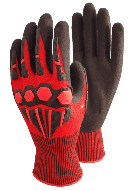 A pair of red and black gloves on a white background