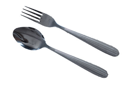 A silver fork and spoon on a white background