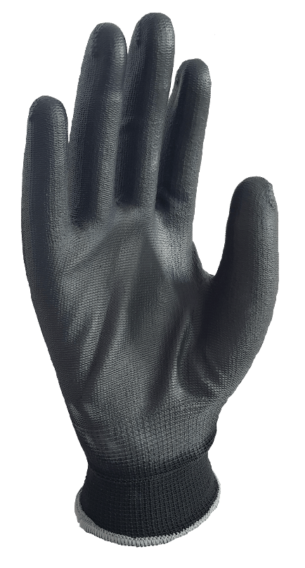 A close up of a black glove on a white background.