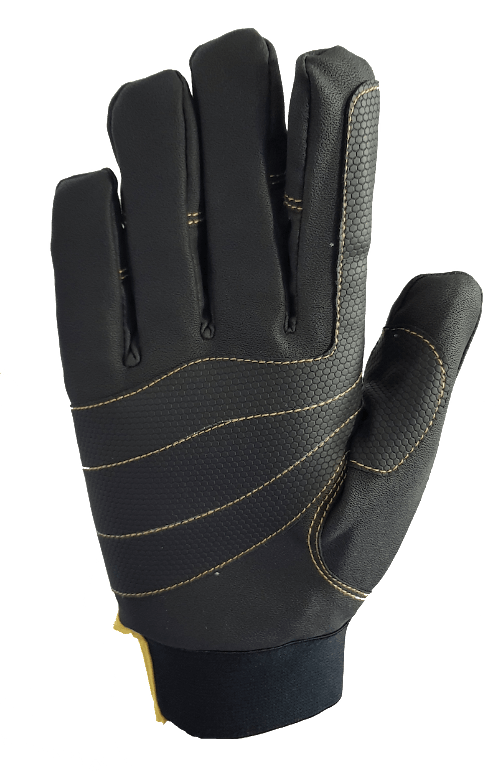 A pair of black and yellow gloves on a white background.