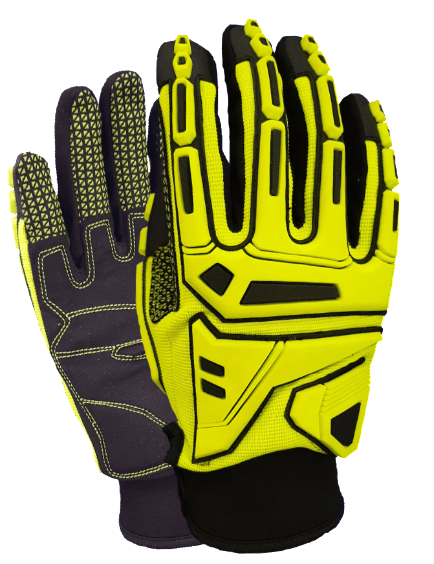 A pair of yellow and black gloves on a white background