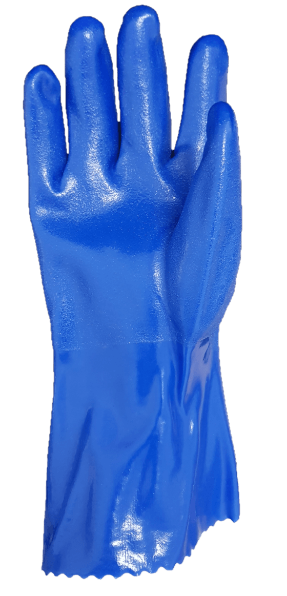 A pair of blue rubber gloves on a white background.