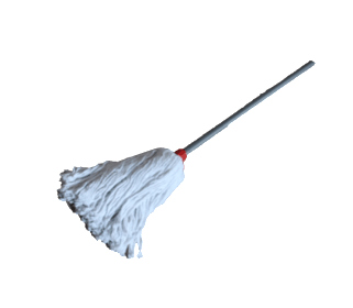 A white mop with a red handle on a white background