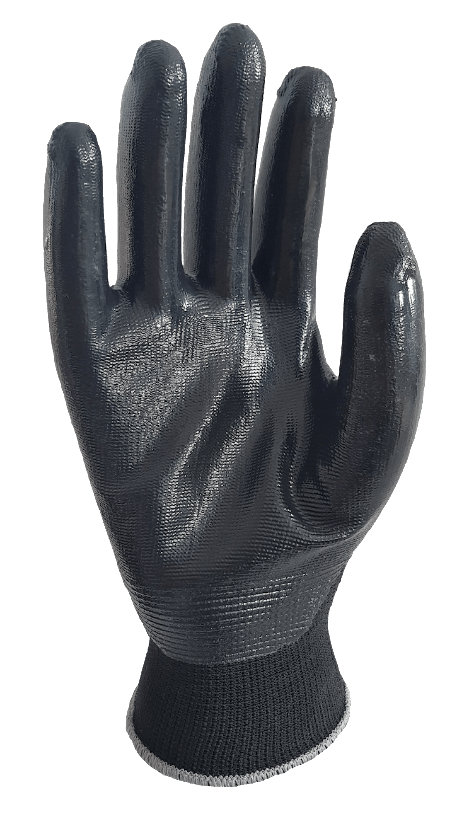 A close up of a black glove on a white background.