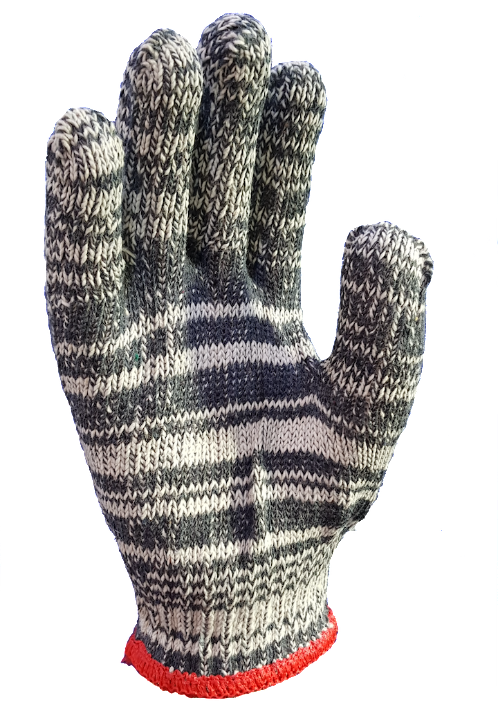 A black and white striped glove with a red cuff on a white background.