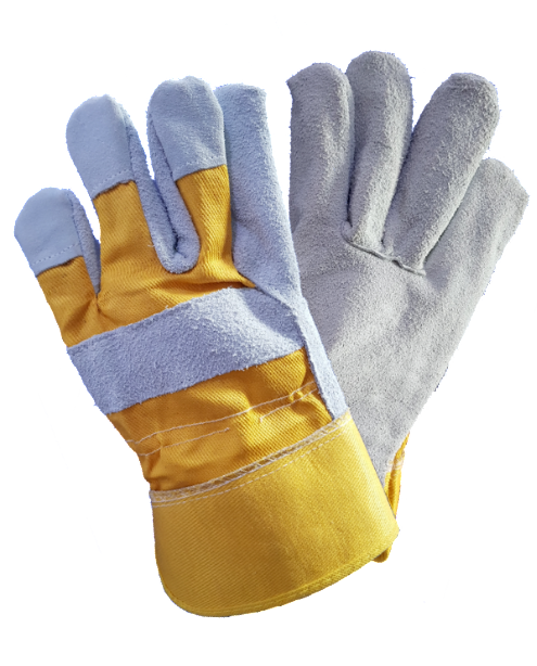 A pair of yellow and gray gloves on a white background