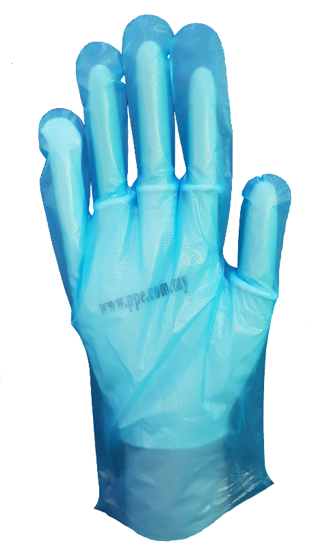 A pair of blue plastic gloves on a white background