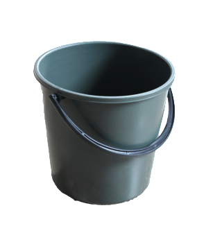 A grey plastic bucket with a blue handle