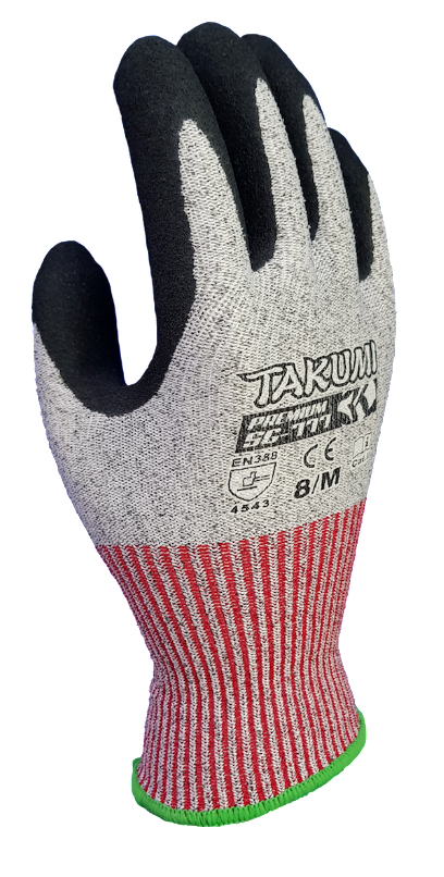 A pair of safety gloves with black and white stripes on a white background.