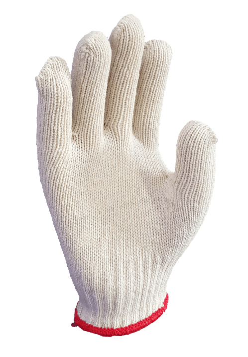 A white knitted glove with a red cuff on a white background.