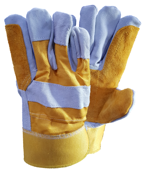 A pair of yellow and blue gloves on a white background