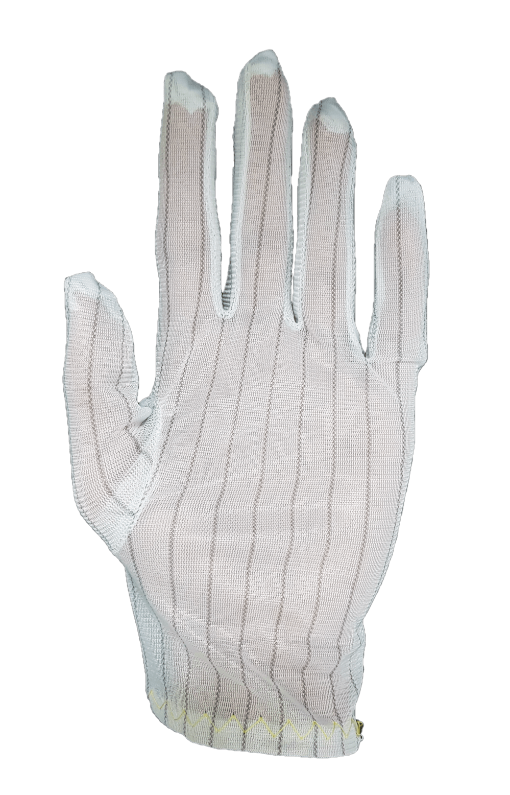 A close up of a white glove on a white background.
