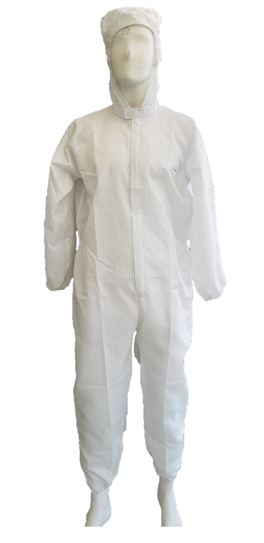 A mannequin is wearing a white coverall with a hood.