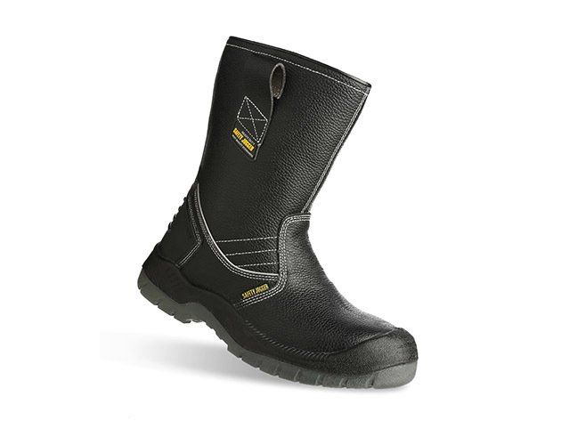 A pair of black safety boots on a white background.