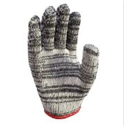 A close up of a knitted glove on a white background.