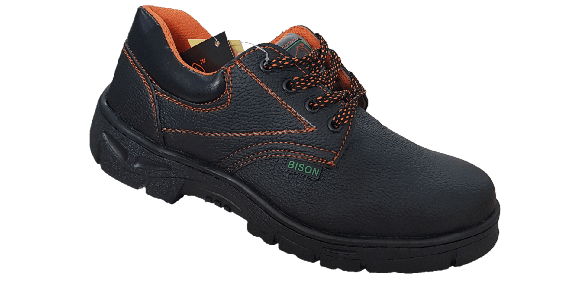 A pair of black and orange safety shoes on a white background