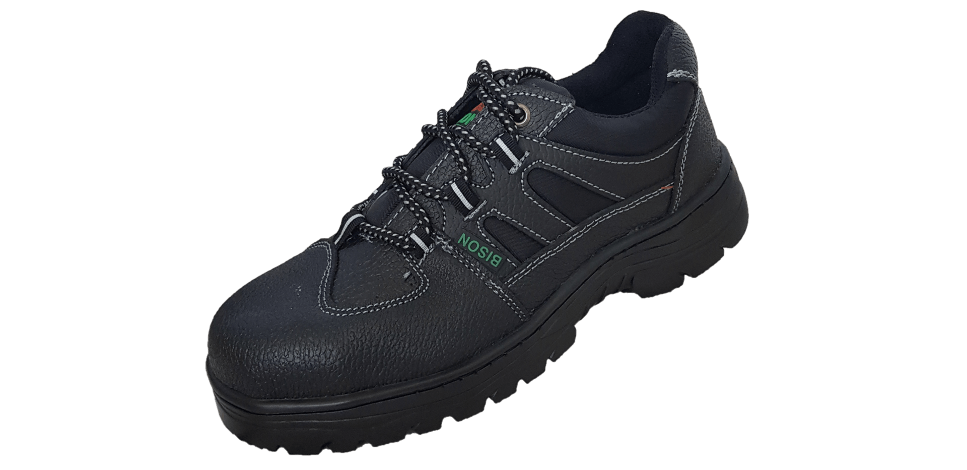 A pair of black safety shoes on a white background
